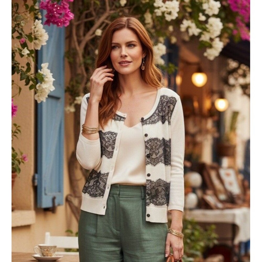 Romantic Coquet Anthropologie Knitted & Knotted Lace Cardigan Large Black White